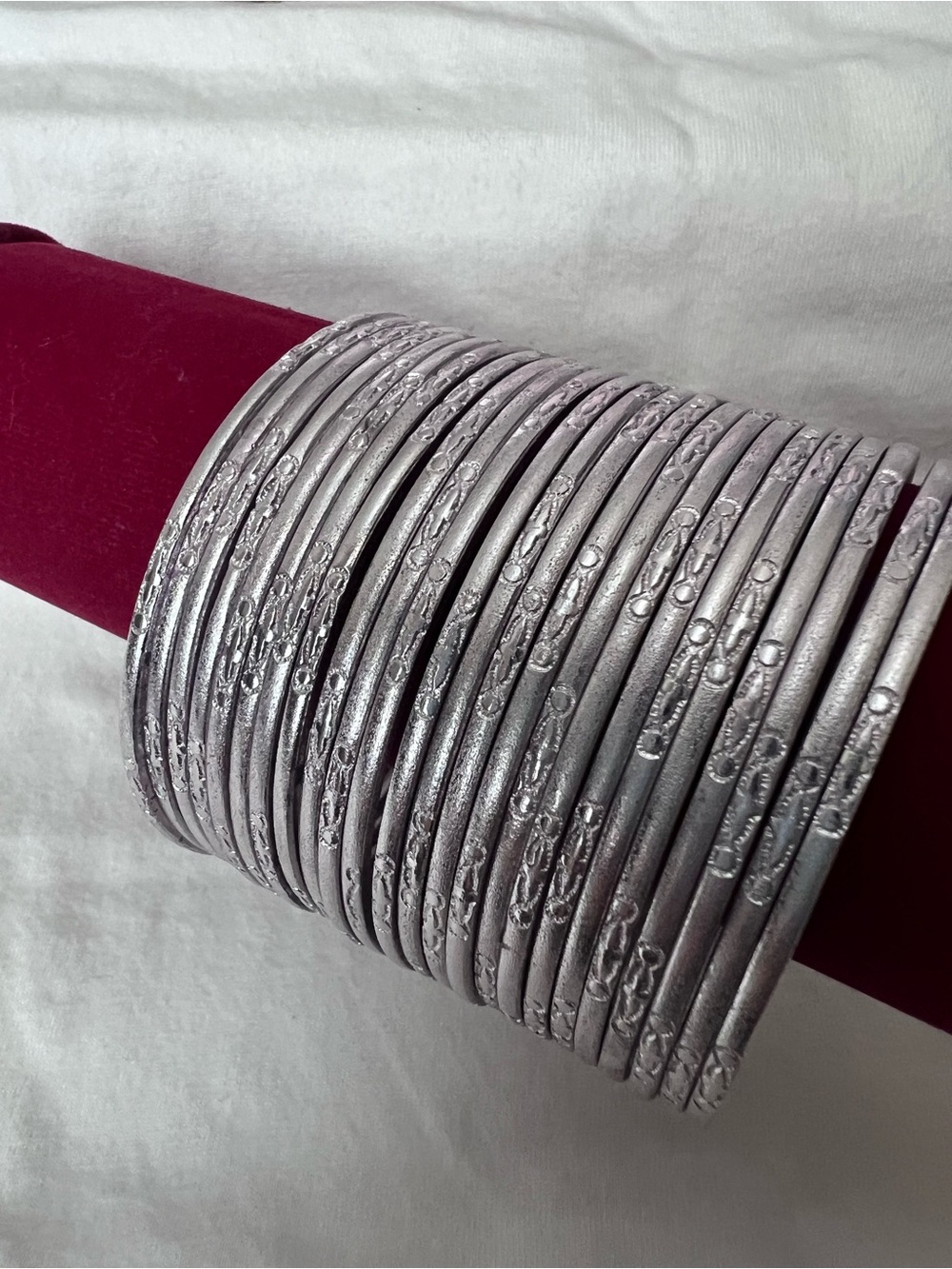 Silver Textured Stackable Bangle Bracelet Set - Women Jewelry